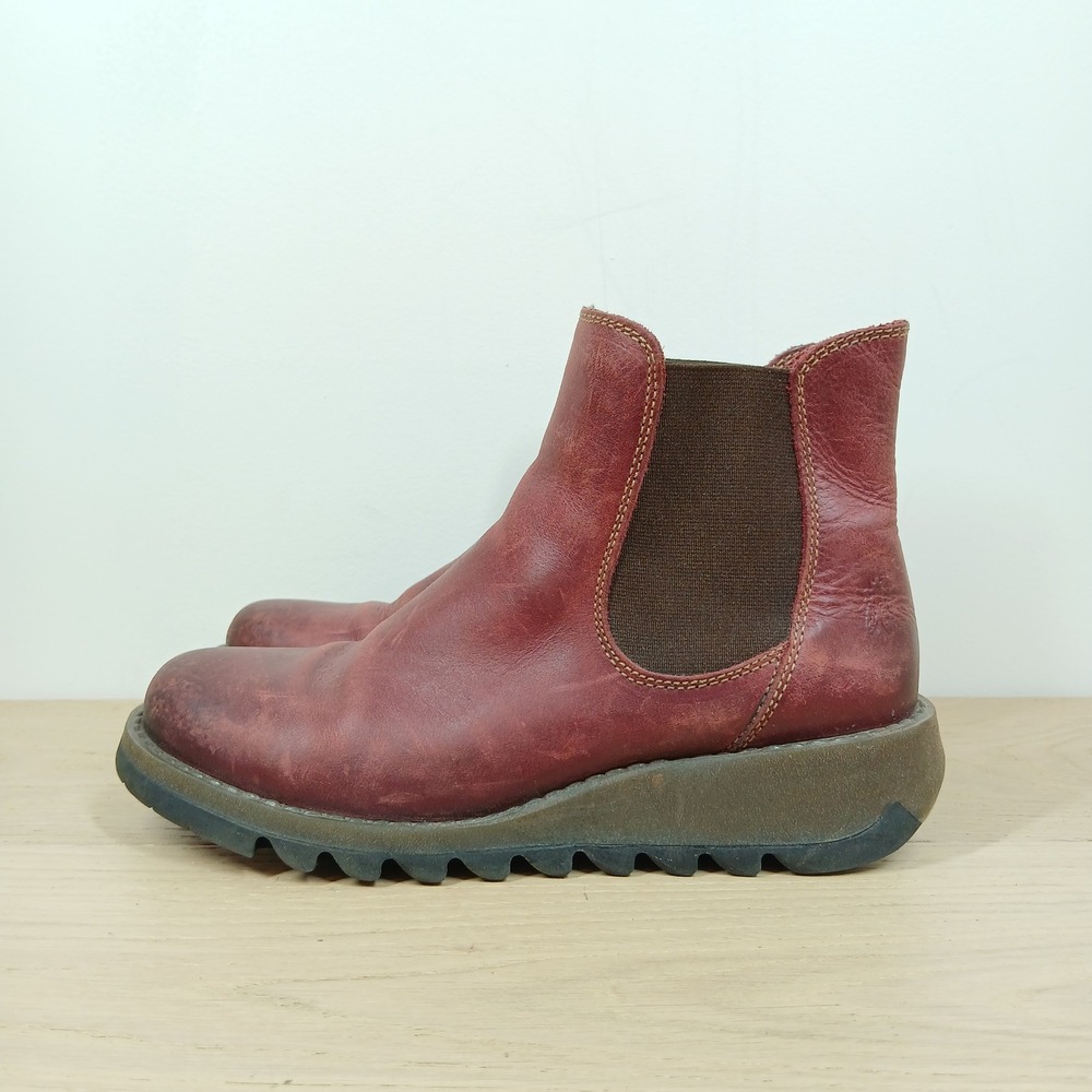 Fly London Ankle Boots Women's 7-7.5 /38 Burgundy Rug Leather Chelsea Wedge - Picture 2 of 12